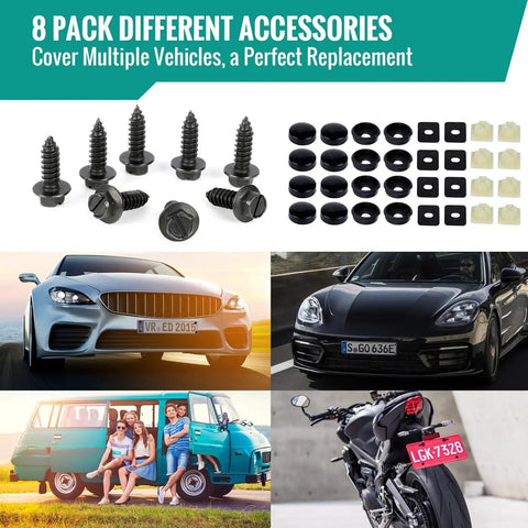 8 Pack Car License Plate Screws Kit With Black Metal Bolts Caps Foam Pads And Anti Rattle Anchors For Frames On Vehicles