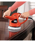 Person using Six Inch Orbital Car Buffer Polisher With Wool And Foam Bonnets, Random Orbit Action, Dual Handle Design, Ten Foot Cord