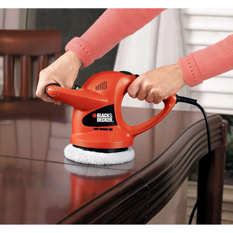 Person using Six Inch Orbital Car Buffer Polisher With Wool And Foam Bonnets, Random Orbit Action, Dual Handle Design, Ten Foot Cord