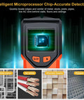 Image of a Wall Stud Finder featuring a microprocessor display for detecting metal, AC wires, and wooden beams.