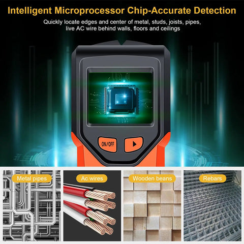 Image of a Wall Stud Finder featuring a microprocessor display for detecting metal, AC wires, and wooden beams.