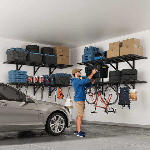 Two Pack 2x6ft Heavy Duty Garage Wall Shelving System With 1200 Lbs Capacity Wall Mounted Shelves For Tools Bins Garden Gear And More Includes 8 Hooks Lite Series installed in a garage with storage boxes and tools.