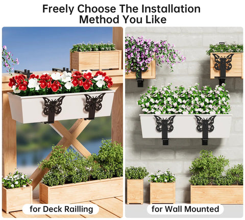 Adjustable Window Box Planter Brackets Heavy Duty Railing Mount For Balcony Deck Fence And Garden Universal Fit Top Two To Seven Inches Bottom Five Point Nine To Twelve Point Five Inches Enhanced Bottom Support Black Four Pack supporting planters on deck and wall