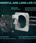 18 Inch Wall Mounted Shutter Exhaust Fan With Speed Controller And Power Cord Kit, Aluminum Louvers And Blades, 1400 RPM, 2000 CFM, Silver, showcasing safety grill and upgraded aluminum material