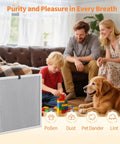 Family relaxing in living room with a dog, next to a 2-Pack 20x20x1 MERV 8 Reusable Washable Electrostatic Air Filter for cleaner indoor air.