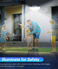 Family enjoying evening outdoors under Solar Motion Sensor Flood Lights for Outdoors IP65 Waterproof with Remote Control.