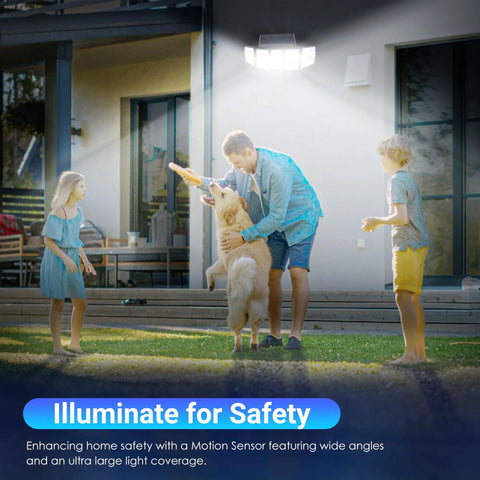 Family enjoying evening outdoors under Solar Motion Sensor Flood Lights for Outdoors IP65 Waterproof with Remote Control.