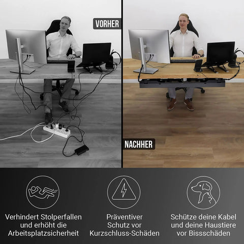 Comparison of desk setup with and without under desk cable tray for clean, mess free workspaces, easy cable management organizer