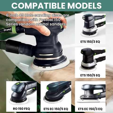 Do It All 6 Inch Sanding Pads And Discs Kit with Festool ETS 150 sander compatibility guide, multiple models shown