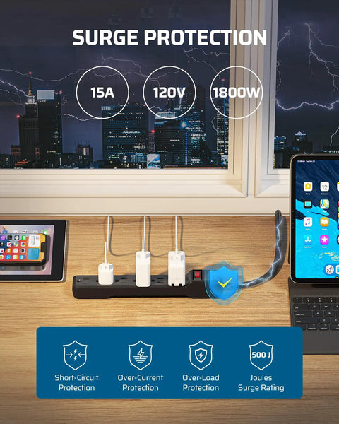 Two Pack 6 Outlet Power Strip Surge Protector With Six Foot Extension Cord, UL Listed, setup on desk with devices connected