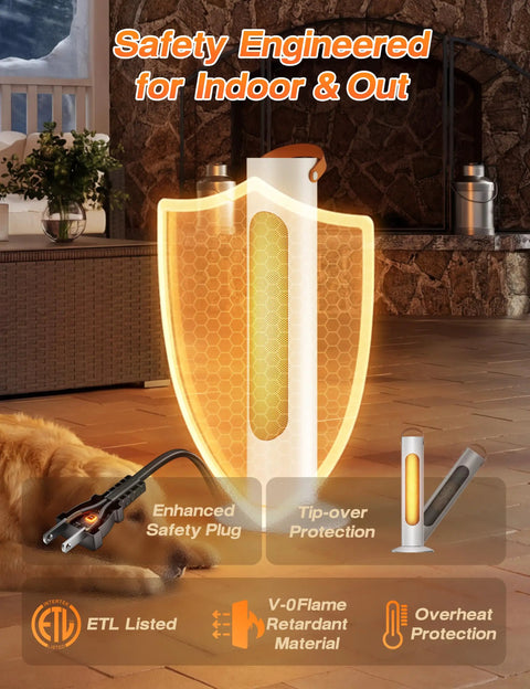 25 Inch Tower Space Heater And Fan Combo With 1500W Power, safety features, indoor use with protective shield illustration.