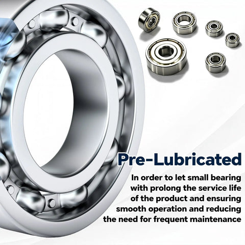 Close-up of Dope 68 Pcs Ball Bearing Assortment Kit with Carbon Steel Deep Groove Bearings and pre-lubricated note.
