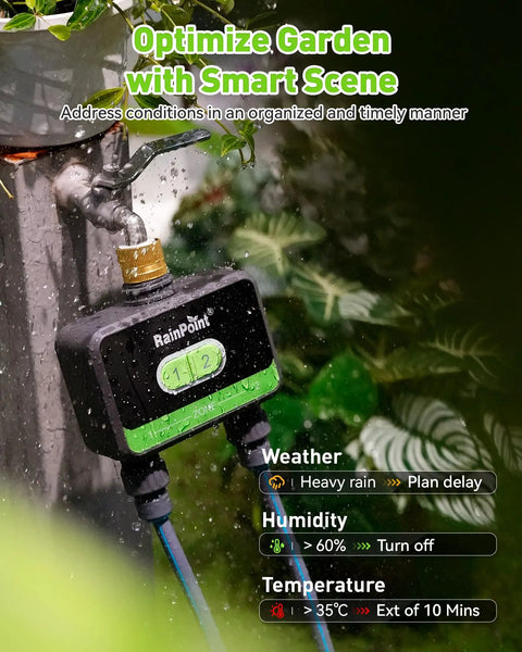 WiFi Garden Hose Timer With Brass Inlet Dual Zone Smart Sprinkler Controller For Lawn And Yard Remote Irrigation System With 2.4 GHz App Control Schedule And Watering History No Fuss Easy Setup Auto Watering attached outdoors.