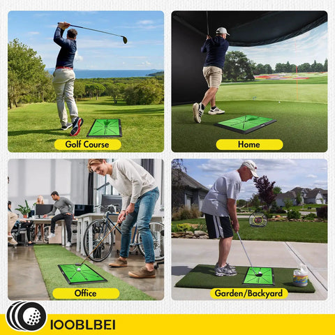 Four scenarios showing Portable Golf Hitting Mat With Real Time Swing Path Feedback, 16 By 12 Inch Practice Turf in various settings.