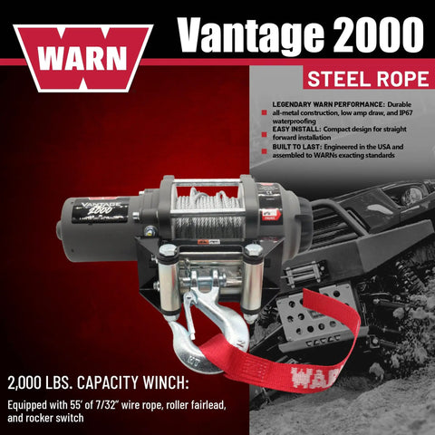 Vantage 2000 12V DC Electric Winch for ATVs and UTVs with 2000 Lb Pull 55 Ft Steel Wire Rope and Roller Fairlead