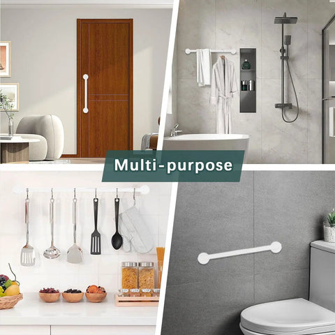 Multi-purpose white holder for adjustable iron railing kit, ideal for convenient support in various home settings.