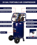 Heavy Duty 20 Gallon Ultra Quiet Air Compressor 1.8 HP Oil Free Pump Peak 150 PSI 5.5 CFM At 40 PSI controls and features diagram.