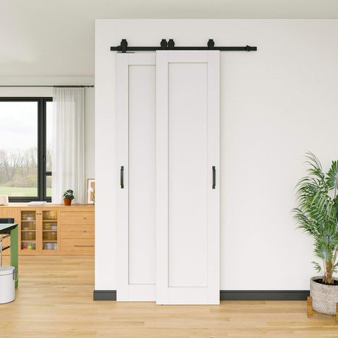 White Primed Solid Core Sliding Barn Doors 40x96 Inch Double Door Set With Bypass Hardware Kit installed in modern room