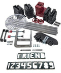 Sign Making Router Kit With 2.5 Inch And 1.5 Inch Horizontal Letters And 1.5 Inch And 2.5 Inch Vertical Numbers, 3/8 Inch Router Bit Included, Over 200 Durable Polymer Templates, Turn-N-Lock Base Plate, Metal Bushings, Low-Profile Clamps displayed. Components shown including templates, clamps, and tools.