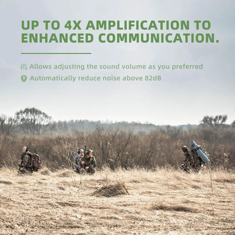 Three hunters in a field using Two Pack Electronic Ear Protection For Shooters With 4x Sound Amplification And Gun Range Noise Reduction Muffs NRR 23dB Hearing Protection For Hunting Green And Pink.