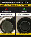 Comparison of standard nut vs Skirt Nut Pack Of Ten For Replacing All M22 Flange Nuts On Hub Piloted Wheels With 33 Mm Hex Graphite Coated