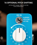 Close-up of mini pitch shifter pedal with Harmony, Detune, and Pitch Shift modes for electric guitar and bass.