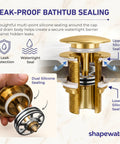 Heavy Duty Brass Pop Up Drain For Freestanding Tub With Brushed Gold Finish And Smart Hair Catcher To Beat Clog Headaches And Keep Your Jewel Drops Secured Tight showing leak-proof silicone seals.