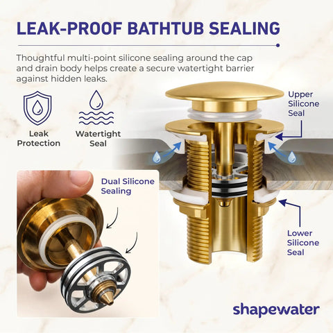 Heavy Duty Brass Pop Up Drain For Freestanding Tub With Brushed Gold Finish And Smart Hair Catcher To Beat Clog Headaches And Keep Your Jewel Drops Secured Tight showing leak-proof silicone seals.