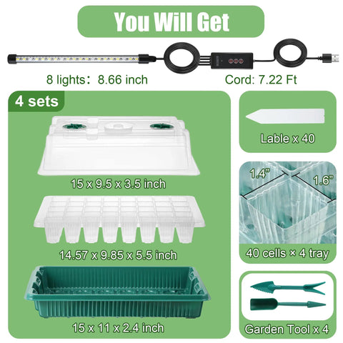 Components of 4 Pack Seed Starter Tray With Grow Light, 80 Cell Indoor Greenhouse Kit; tray, dome, LED light, and label.