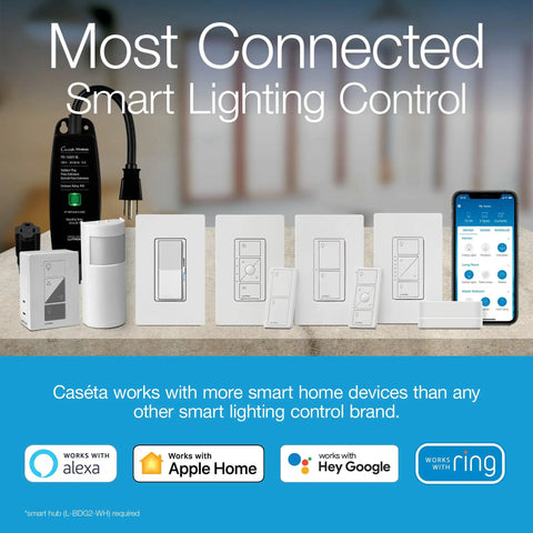 Caseta Smart Dimmer Switch For LED Lights 150W Single Pole Or 3 Way No Neutral White 2 Pack compatibility display