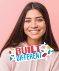Awesome Funny Building Blocks Birthday Photo Booth Prop Kit Featuring Colorful Bricks Speech Bubbles And Arrow Signs For Super Dope Diy Party Setup Exactly Ten Pieces Chill Vibes with a smiling girl holding a 'Built Different' sign.