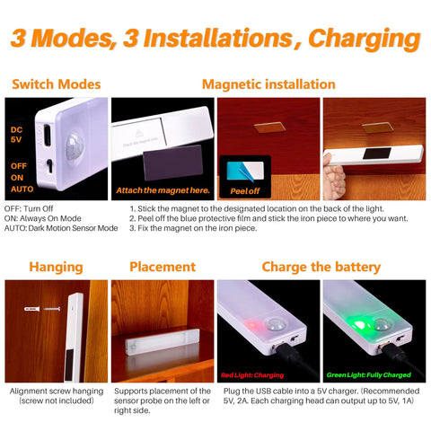 Installation and charging guide for Under Cabinet Lights Rechargeable 8 Inch Motion Sensor LED Magnetic Stick On Closet Light Pack of 2 for Kitchen Counter Stairs and More USB Powered No Fuss Easy Install Cool White