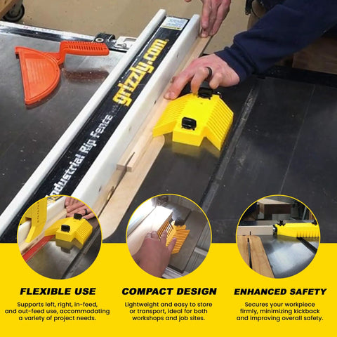 Heavy Duty Universal Featherboard For Table Saw Woodworking grips on blade, showing secure lumber and table saw fence in use.
