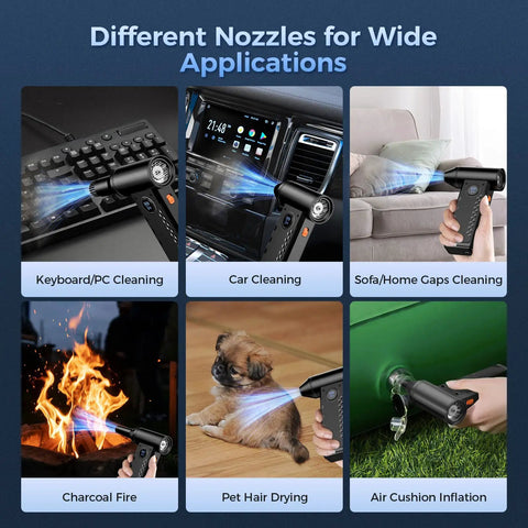 Different nozzle applications of Beast Mode 150000 RPM Cordless Air Duster With LED Display for versatile cleaning tasks.