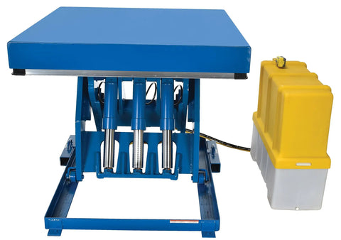 Rock Solid Welded Steel Electric Hydraulic Lift Table Featuring 48 By 48 Inch Platform And 12000 Pound Capacity For Shop Floors. Close-up view.