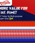 Front view of 12×3g gel super glue tubes on blue and red packaging with orange caps