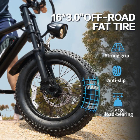 Close-up of 16-inch fat tire on Compact 16 Inch Fat Tire Electric Bike For Teens And Adults With 500W Motor 36V 12.8Ah