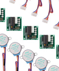 Five sets of 28BYJ-48 5V stepper motors with ULN2003 driver boards and multi-color wiring