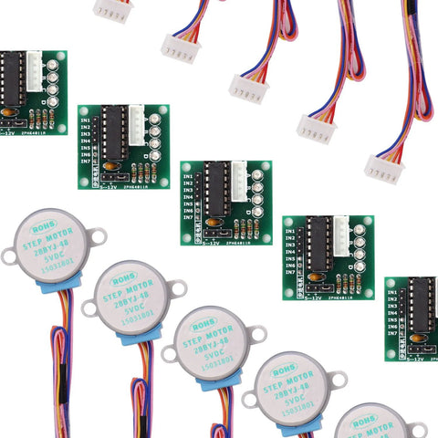 Five sets of 28BYJ-48 5V stepper motors with ULN2003 driver boards and multi-color wiring