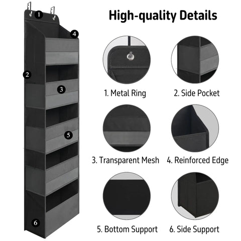 Over Door Organizer With Five Extra Large Pockets Heavy Duty Hanging Storage For Closet Bathroom Nursery Dorm See-Through Front, black, detail view of structure and materials including metal ring, mesh, and support.