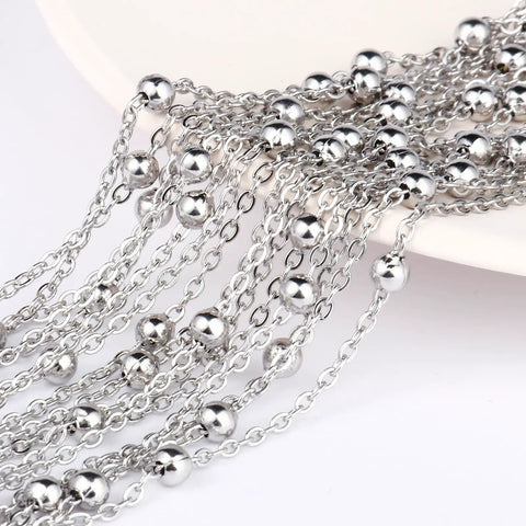 33ft 2mm Stainless Steel Satellite Bead Chain Roll Bulk For Jewelry Making, 304 Stainless Steel Nickel Free And Lead Free Cable Chain With 4mm Beads, Ideal For Necklaces, Bracelets, And Artisan Jewelry Projects, close-up