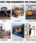 Collage of machinery featuring tractor, snowplow, dumper trailer, medical bed, automatic window, and electric lifting table.