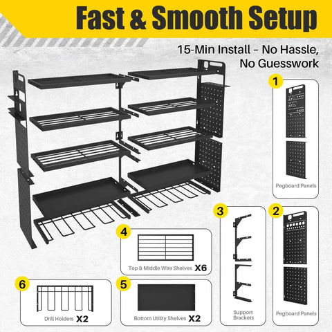 Heavy Duty Large Power Tool Organizer Wall Mount For Garage And Workshop Built Tough Black Metal Tool Rack With Easy Mount System Ample Storage For Drills Saws Bits And Accessories Keeps Tools Neat And Ready showing assembly components
