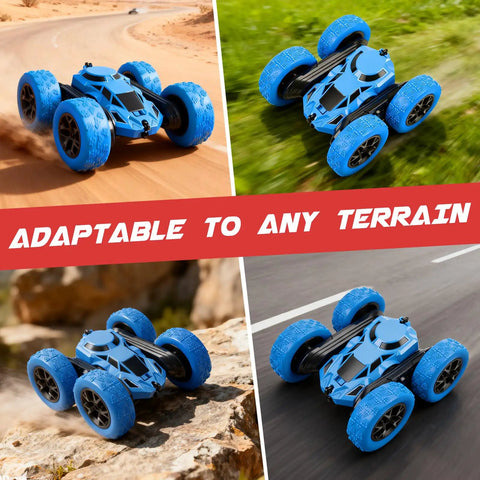 2.4GHz RC Car With 360 Degree Double Sided Flips 4WD Off Road Dope Stunt Truck on sand, grass, rocks, and pavement