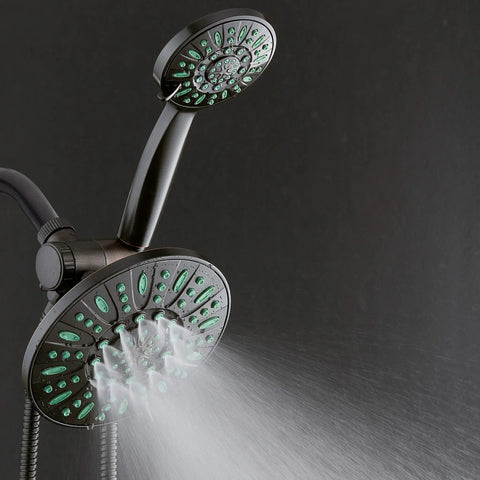 Antimicrobial Anti Clog 30 Setting High Pressure Rain Shower Head With Microban Nozzle Protection in use, oil rubbed bronze finish.