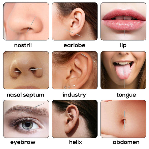 Different body piercings showing nose, ear, lip, septum, tongue, eyebrow, helix, and abdomen using Piercing Ball Grabber Tool.