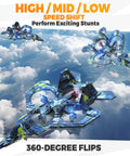 Kid Friendly RC Plane With LED Lights And EPP Foam Body Easy To Fly Remote Control Airplane 360 Degree Flip Stunts Altitude Hold Safe Prop Guards Beginner Friendly Toy Jet For Boys And Girls performing stunts with clouds in background