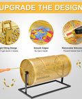 Front view of a gold metal raffle drum spinner on a black stand with wooden turning handle; perforated cage for tickets.