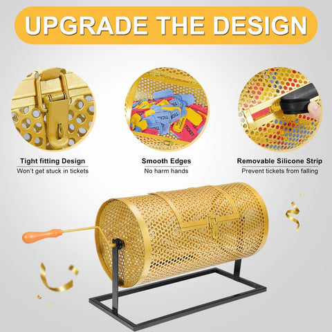 Front view of a gold metal raffle drum spinner on a black stand with wooden turning handle; perforated cage for tickets.
