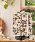 Cozy Flannel Coffee Maker Cover With Top Handle Keeps Your Coffee Station Dustproof And Waterproof Featuring A Decorative Coffee Pot Print Foldable And Lightweight Available In Two Sizes S And M on a coffee maker in kitchen